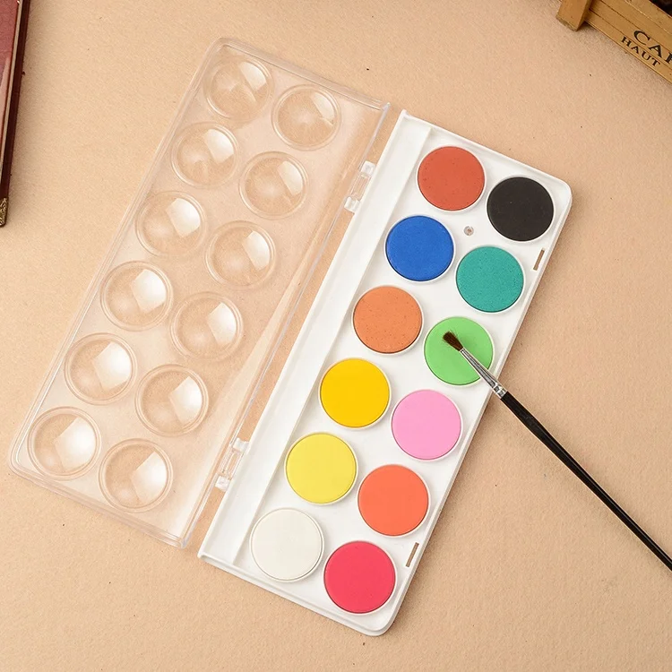 Ziyunxuan factory hot selling 12 colors solid watercolor paint palette with transparent PVC box