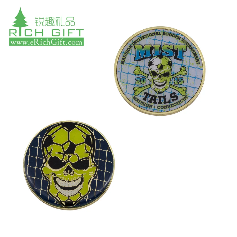 Free sample custom metal zinc alloy printing epoxy insert football/soccer challenge coin for sports tournament