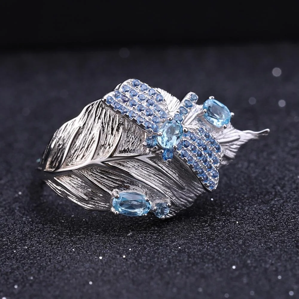 Abiding Hot Sale Natural Gemstone Swiss Blue Topaz Jewelry Leaf Rings 925 Sterling Silver Fashion Ring for Girls
