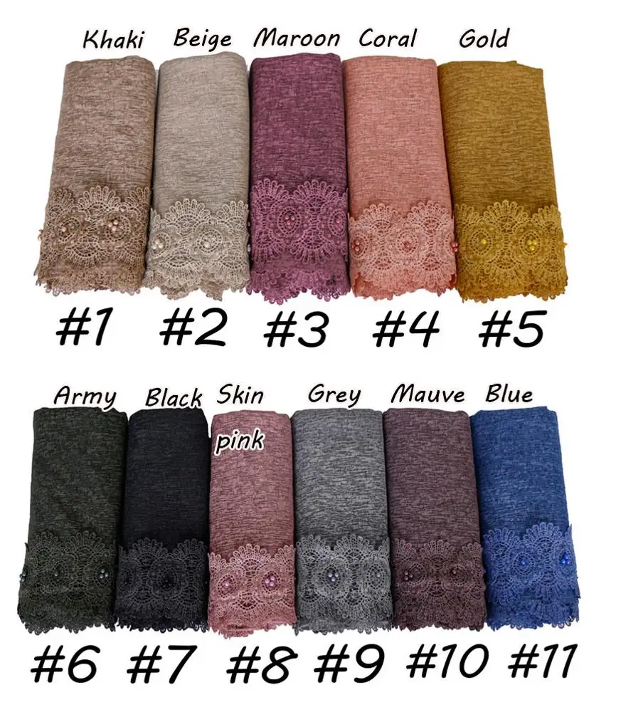 new style Muslim cotton scarf beautiful pearl lace jersey head hijab scarf for ladies and women 0419026