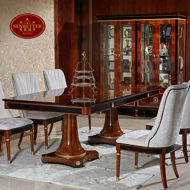 0068 Wooden glossy dining table set, china made antique luxury dining furniture
