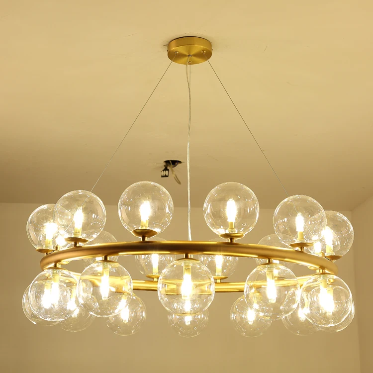 Wholesale Golden Iron Frame Golden Chandelier Modern Nordic Type CE Certificate Round Pendant Lamp with Glass Globes