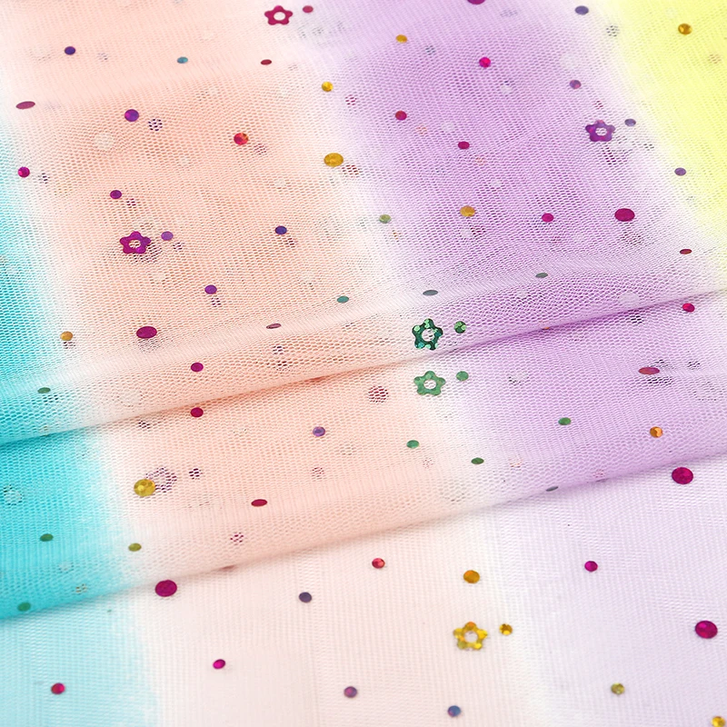 
Factory wholesale rainbow striped small flower sequins clothing mesh fabric for children 