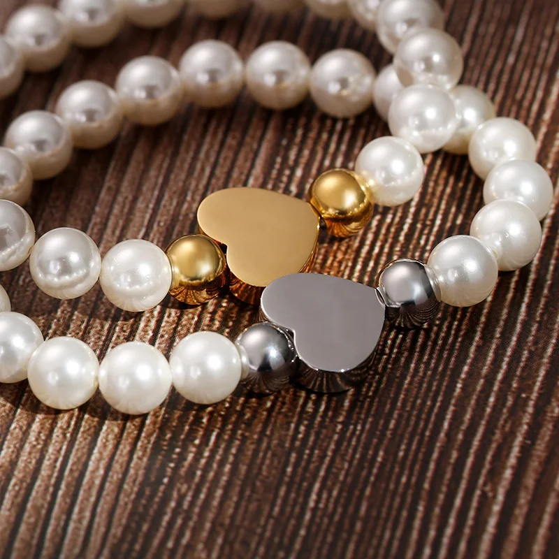New Bulk Cheap Stainless Steel Gold Heart Charm Women Elastic 8mm Pearl Bracelet