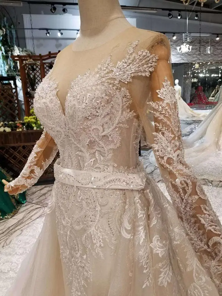 HTL132 long beaded sleeves vestidos de novia bride 2019 designs detachable train mermaid wedding dress bridal gown