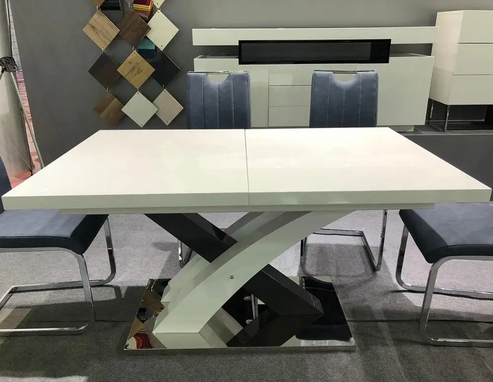 Helen wholesales cheapest high gloss new model white powder coating MDF top adjustable expandable dining table with cross leg