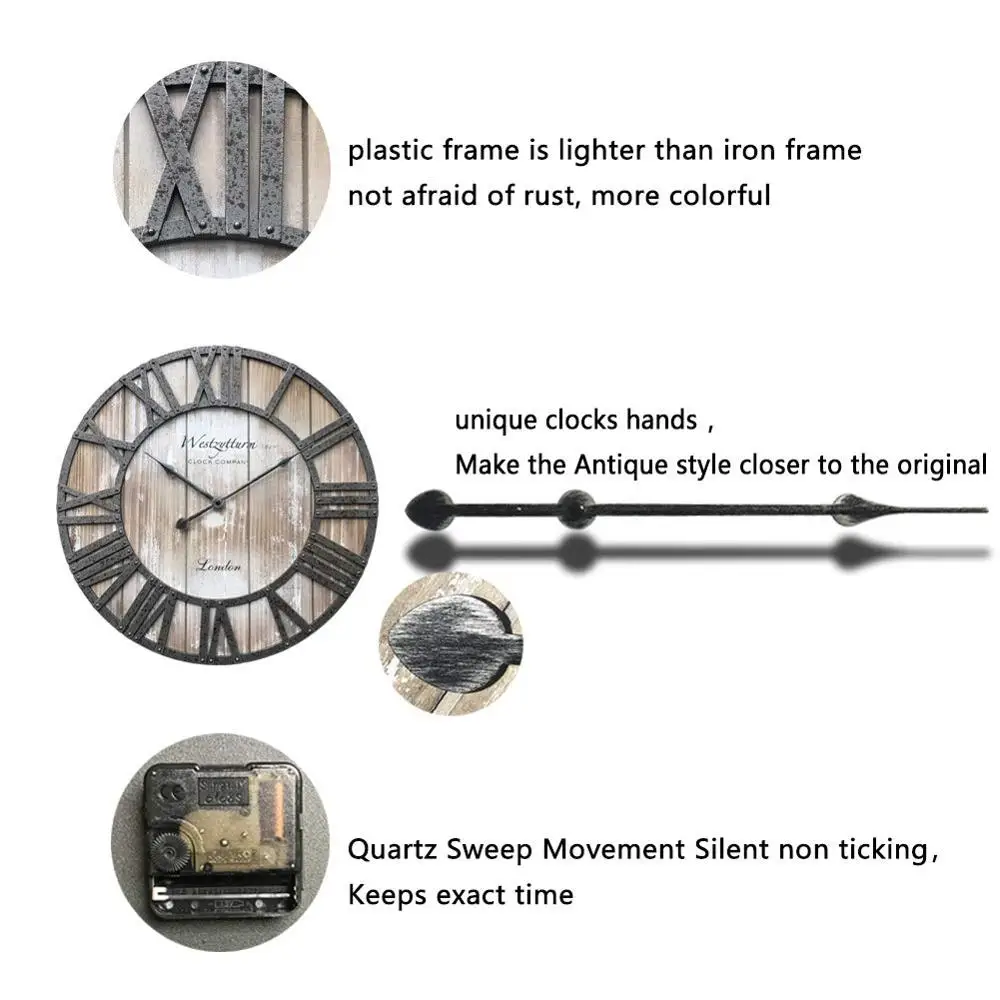 Rustic Big Clocks for Living Room Decor Kitchen Indoor Mantel Quartz Movement Silent Round Huge Wood Clock Vintage Art 18 inch