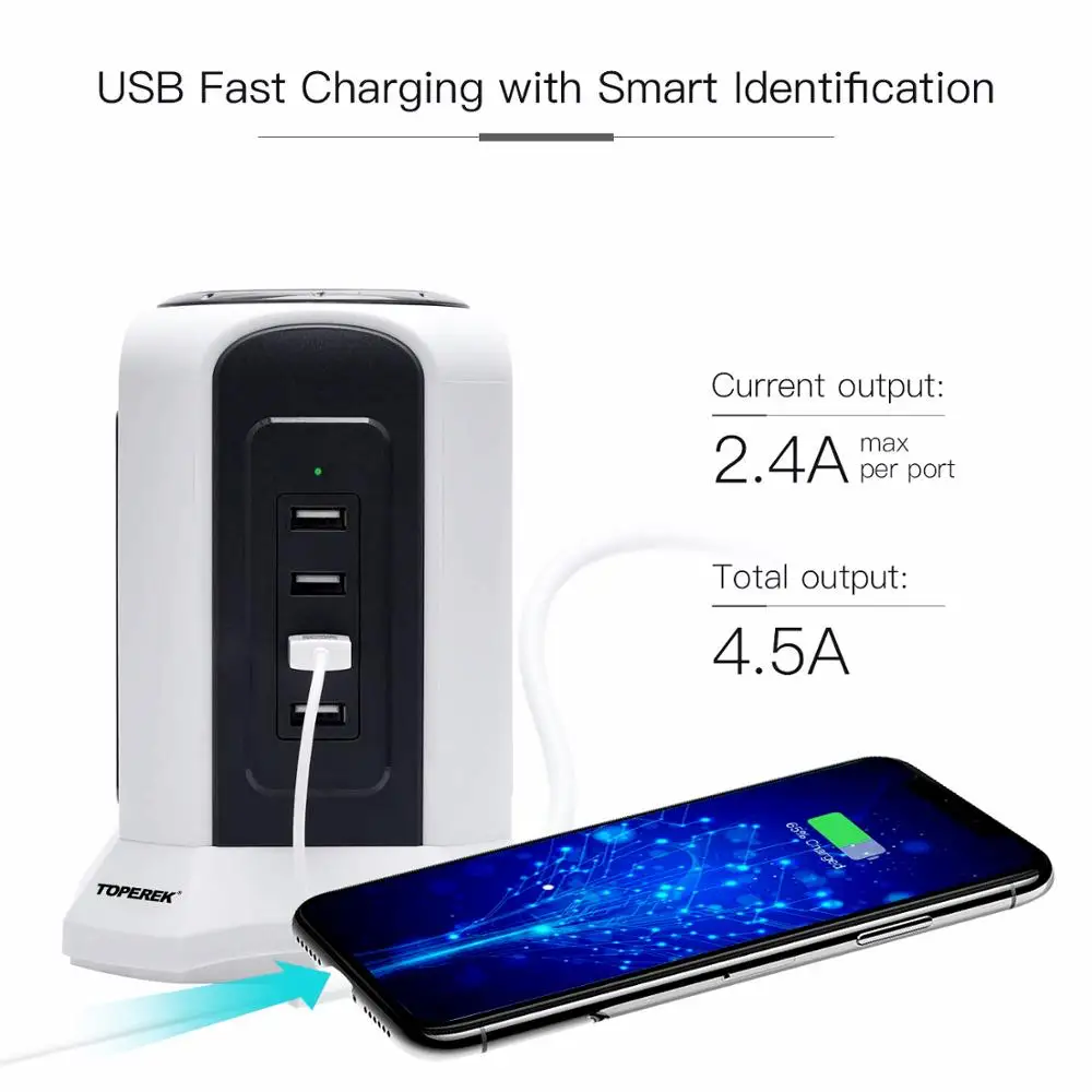 Power Strip with USB,Vertical cube desktop Power Outlets extender with 6 outlets 4 USB suit for Germany, Netherlands, Denmark
