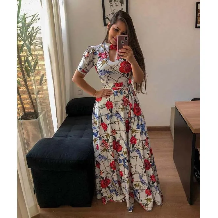Women Long Maxi Dress 2019 Summer Floral Print Boho Style Beach Dress Casual Short Sleeve Bandage Party Dress Vestidos Plus Size