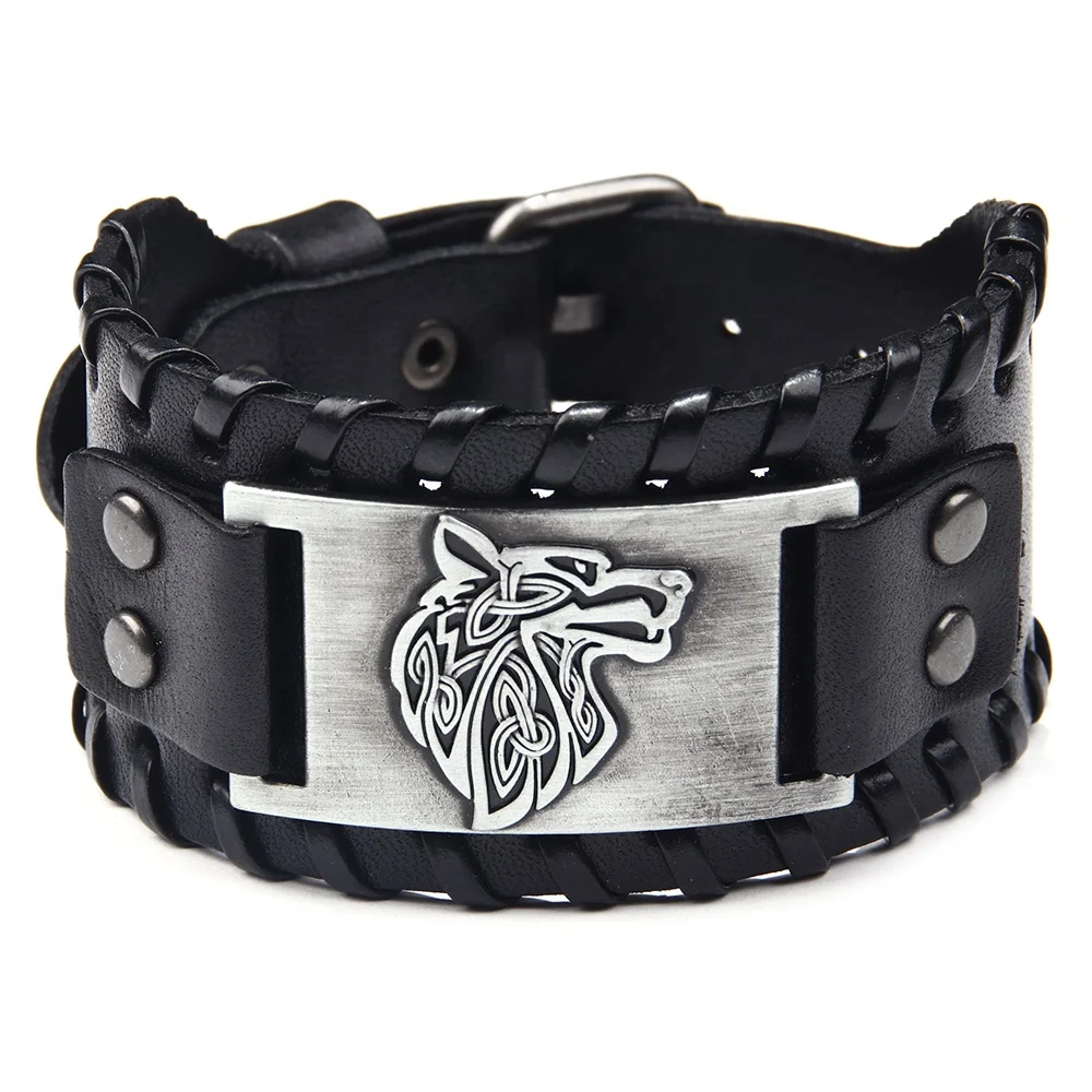 Wholesale  Genuine Leather Wolf Head Piece Bracelet for men women,Custom Animal Shape Embossed Bracelet