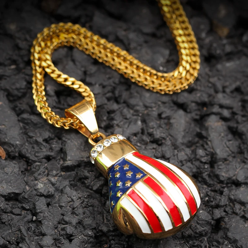 
American flag color ice out hip hop bling jewelry pendants boxing glove pendant 