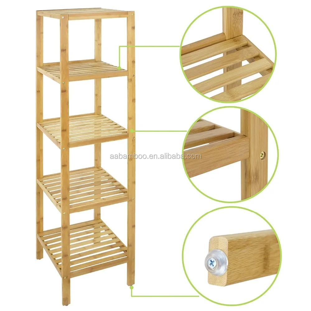 100% Bamboo Multi-functional 5 Tier Bathroom Shelf organizer Rack Plant Flower Free Standing Towel Rack