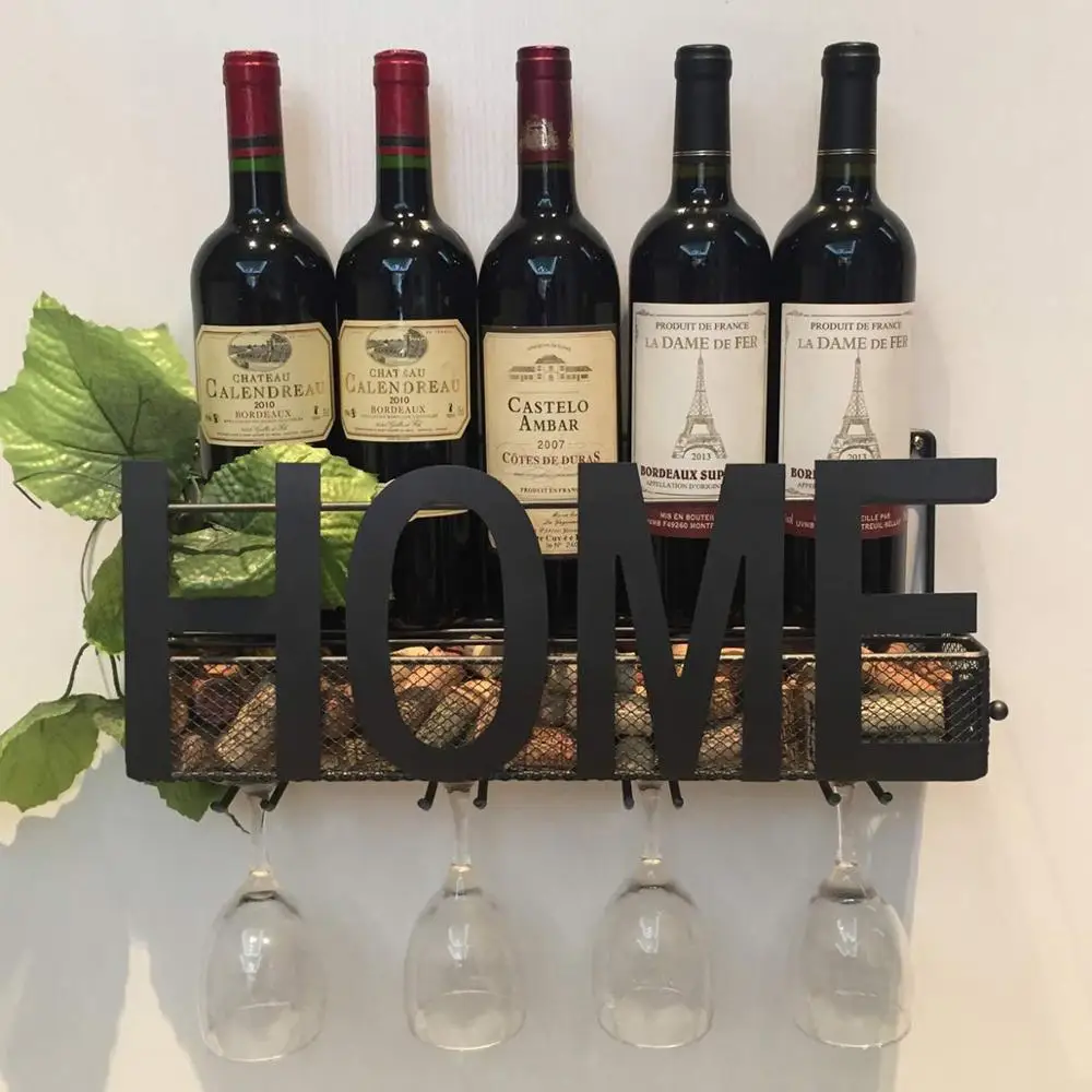 
Decorative Black Home Wall Mounted Hanging Metal Wine Bottle Rack Holder with 4 Glass Holder & Wine Cork Storage 