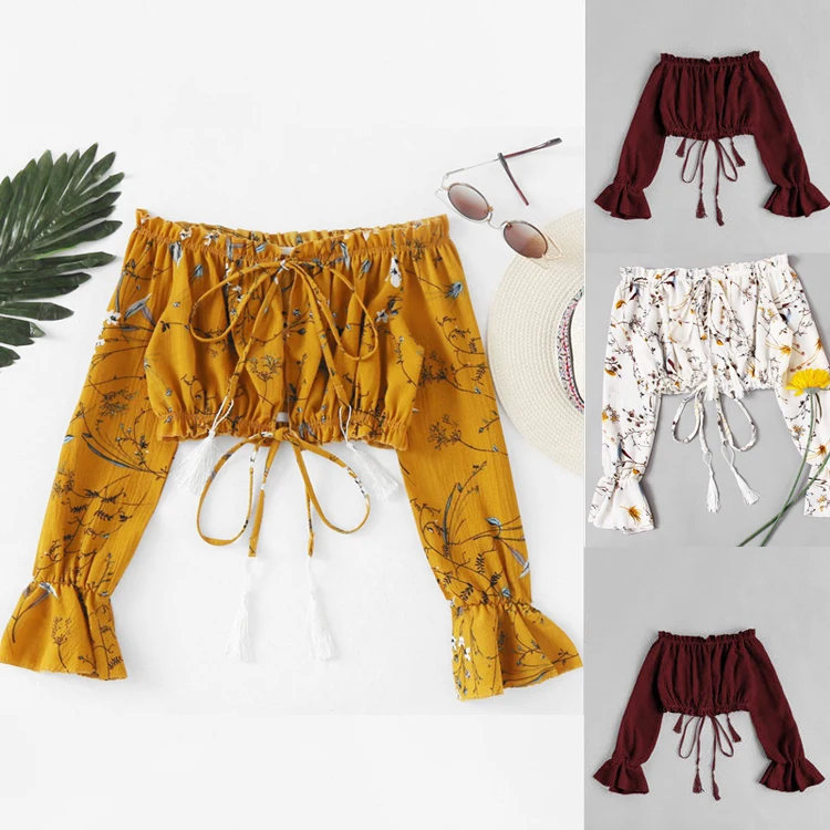 Fashion Women Summer Off Shoulder Floral Boho Blouse Ladies Loose Shirt Blouse Casual Tops 2019 fashion clothing