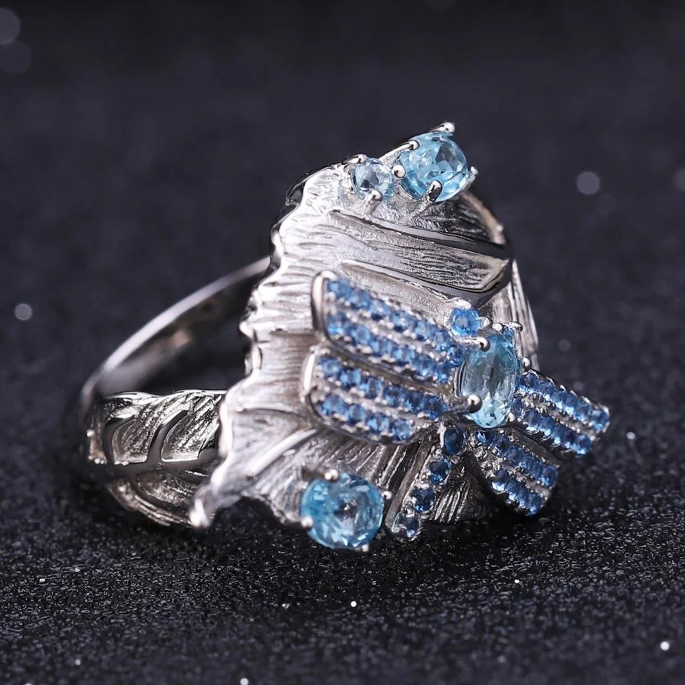 Abiding Hot Sale Natural Gemstone Swiss Blue Topaz Jewelry Leaf Rings 925 Sterling Silver Fashion Ring for Girls