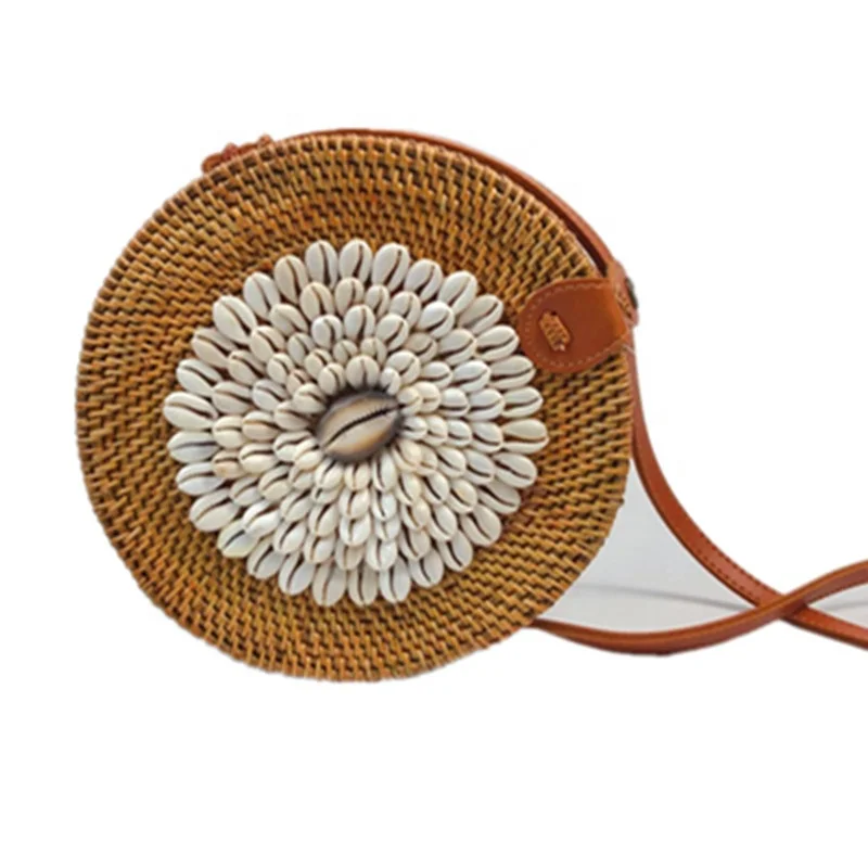 Круглая плетеная сумка на плечо Ins с Бали Стильная летняя пляжная сумочка-слинг из ротанга ручной работы Женский саквояж кросс-боди