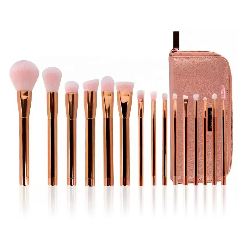Cosmetic Tool Profession 15 Piece 14 Pcs Fancy Pro Rose Gold Pink Metal Handle Makeup Brush Set With Bag