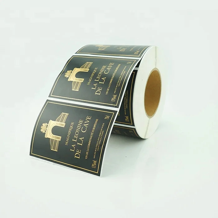 custom black roll matte paper adhesive stickers gold foil hot stamping waterproof label for red wine bottle
