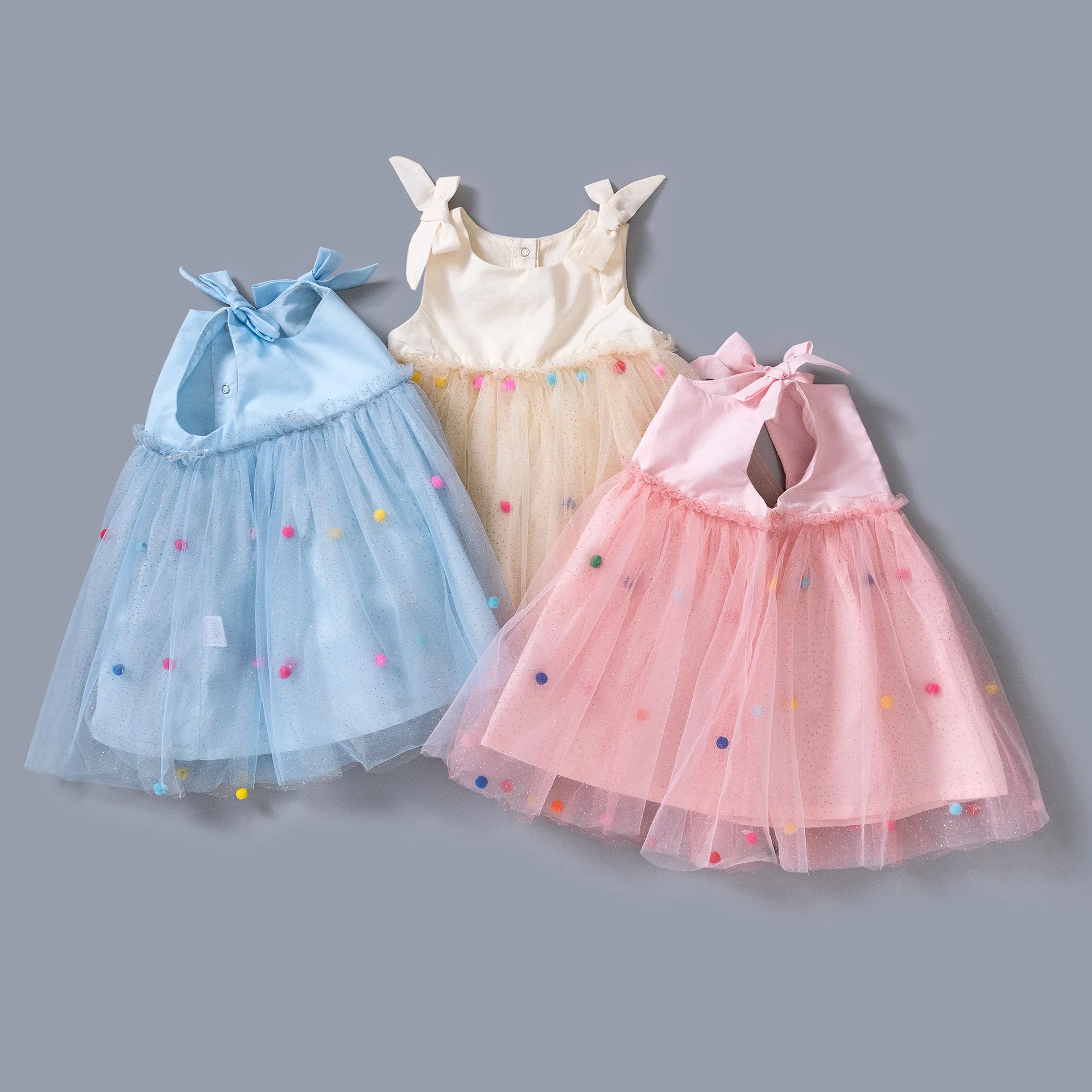 
Girls Dress with Colored Pom Pom Lace Princess Baby Skirt 