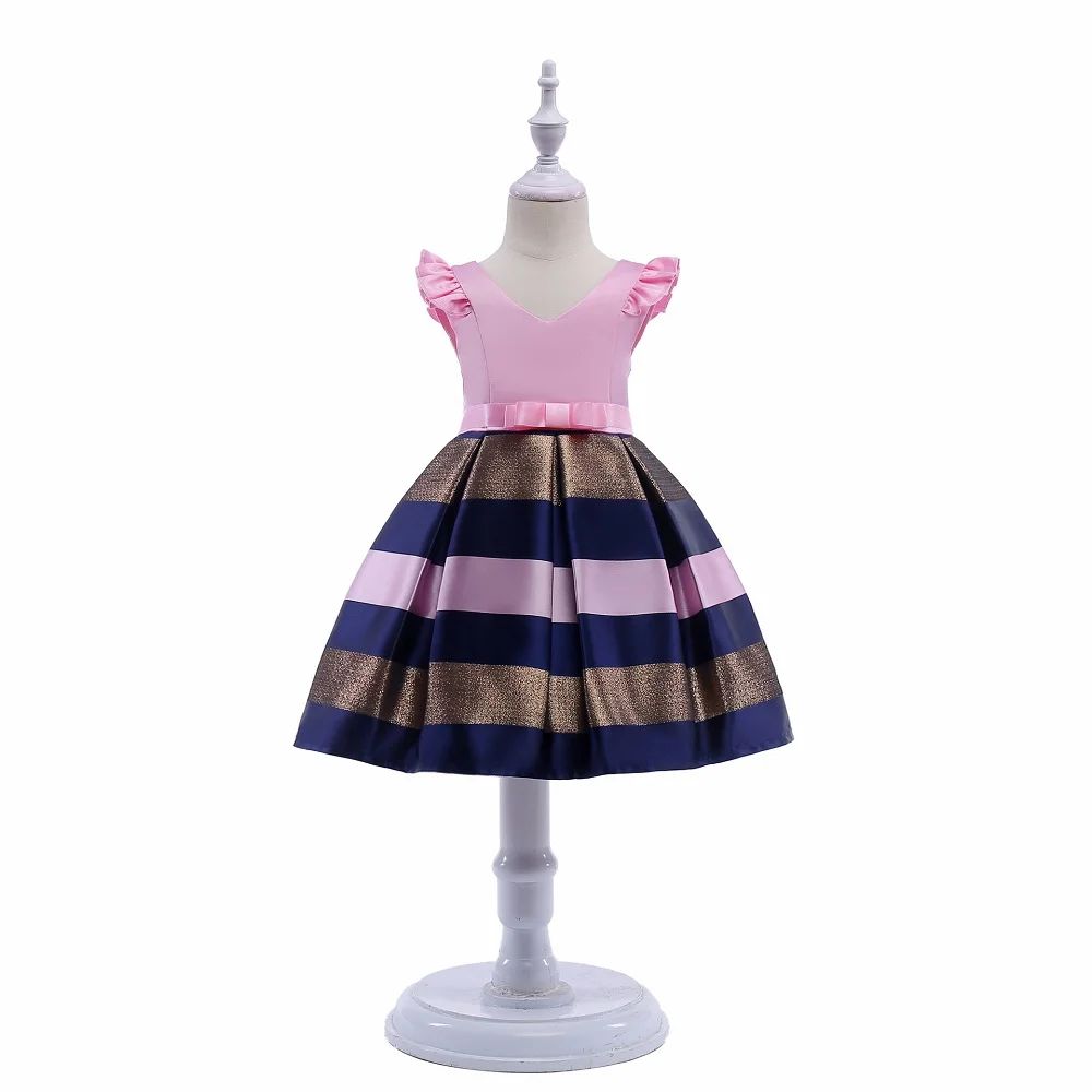 Kids Hot Sale Wedding Apparel  Accessories Stripes Print Children Sleeveless Bow Ruffles Party Wear Princess Girl Dress