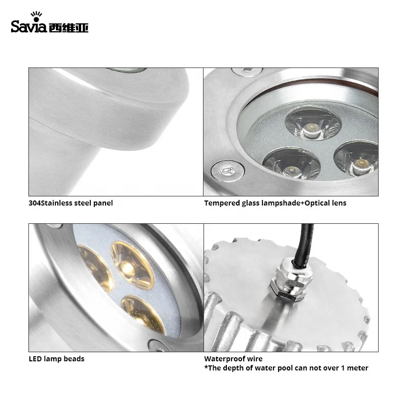 Savia outdoor led swimming pool light garden spotlight IP68 waterproof led light 3W stainless steel underwater fountain lights