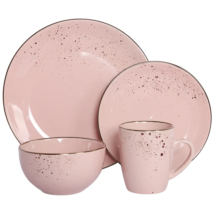 Happy Go  Qingdao Ceramic 16pcs round shape luxury dinner set dinnerware with gold rim and little Spray point