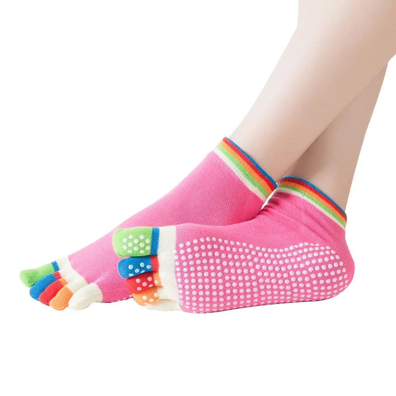
Profession colorful print cotton socks five toe yoga socks with anti slip PVC grips 