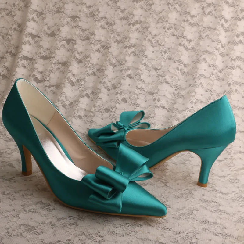 White Mid Heel Shoes Woman with Big Bows