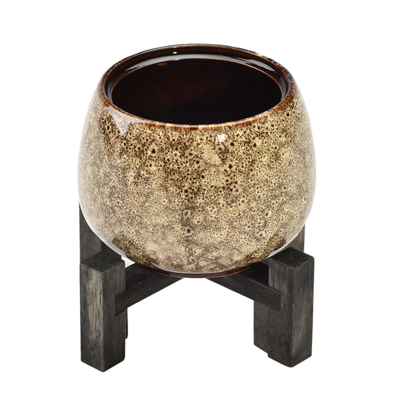 Керамические вазы и цветочные горшки для украшения дома на заказ Настольная декоративная бамбуковая база с белым керамическим цветочным горшком