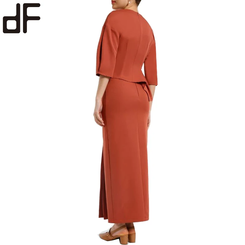 OEM Baju Kurung Made In China Satin Kebaya Ladies Muslim Dress Set Solid Orange Blouse And Pleated Long Skirt Baju Kurung