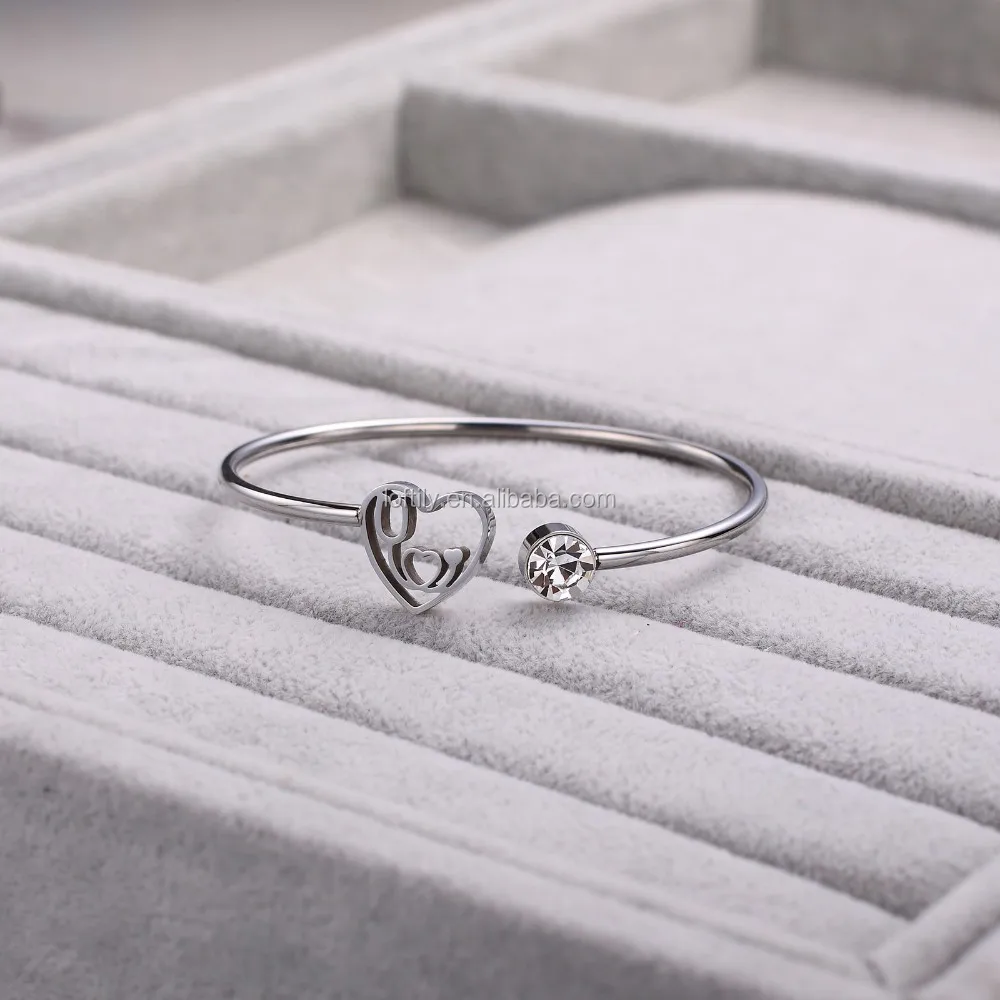 Loftily Jewelry Premium Stainless Steel Heart Diamond Cuff Bracelets Bangle for Women Fashion Bangle