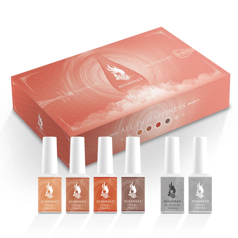 Global Unique Chinese Style Wholesale 6bottle/Set Top&Base Coat 15ml Soak Off Nail Varnish UV Gel Polish Set