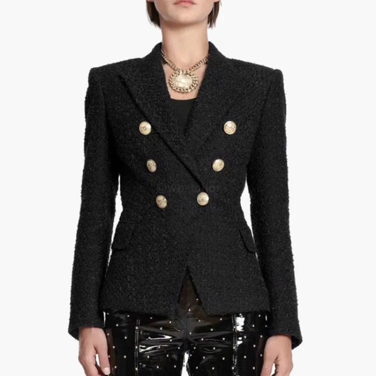 Wholesale long sleeved black blazer double breasted tweed jacket coat for work women