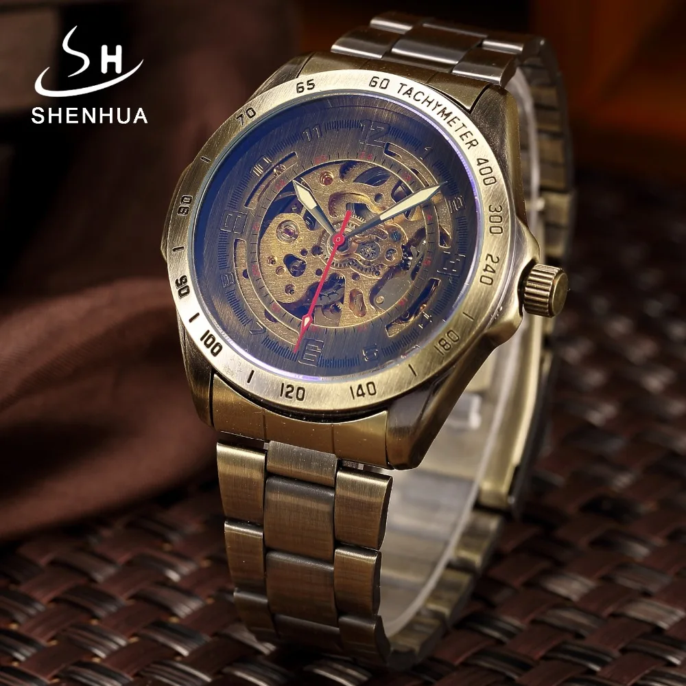 SHENHUA 13 Vintage Bronze Metal Mechanical Watch Men Skeleton Automatic Wrist Watches Luminous Hands Male Wristwatch