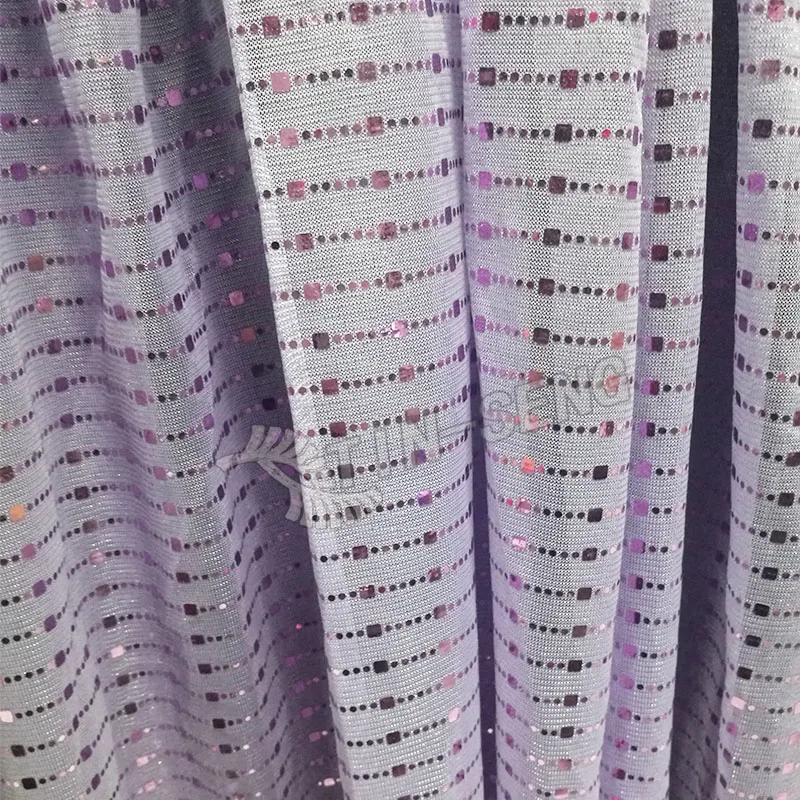 Lavender Moonlight Fabric with Sequin Spangle Lines , Purple Metallic Polyester Knitted Fabric for Dress