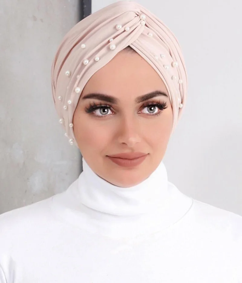Wholesale High Quality easy to wear hijab turban with pearl New fashion turkey suede turban head scarf women instant hijab cap