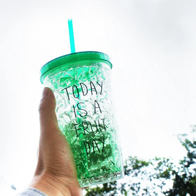 16oz Double Wall Mugs Gel Frosty Freezer Bottle Drinkware Beverages Ice Cold Plastic Tumbler Cup With Lid And Straws