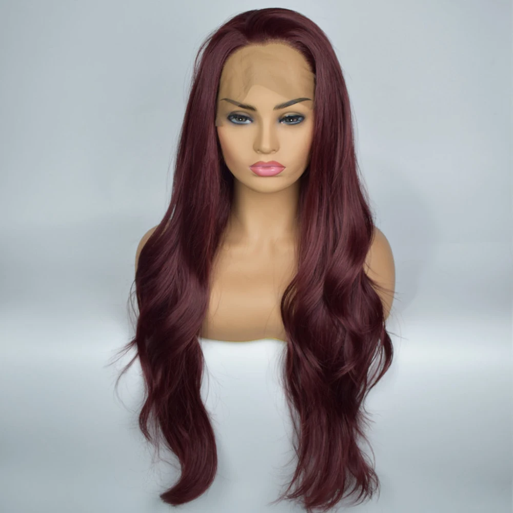 Heat Resistant Fiber Hair Long Wavy Synthetic Wig Chestnut Color Synthetic Lace Front Wigs for Women