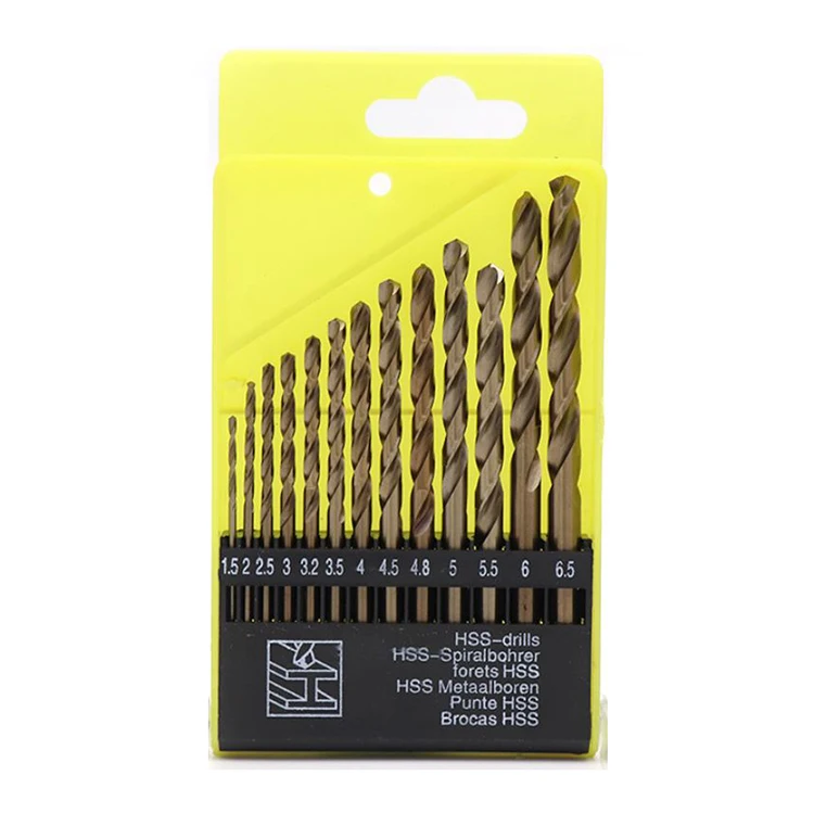 13pcs HSS TiN Titanium coating straight Twist drill bits 1.5 2 2.5 3 3.2 3.5 4 4.5 4.8 5 5.5 6 6.5mm plastic box packaging