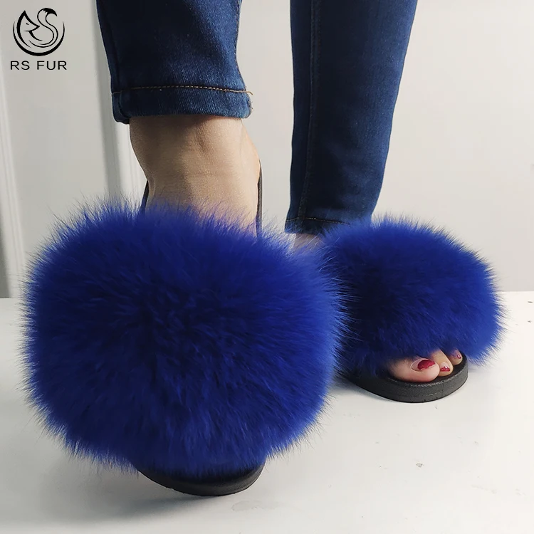 Cheap Wholesale Indoor Slipper Comfortable Custom Sandals Cruelty Free Black Fox Fur Slipper