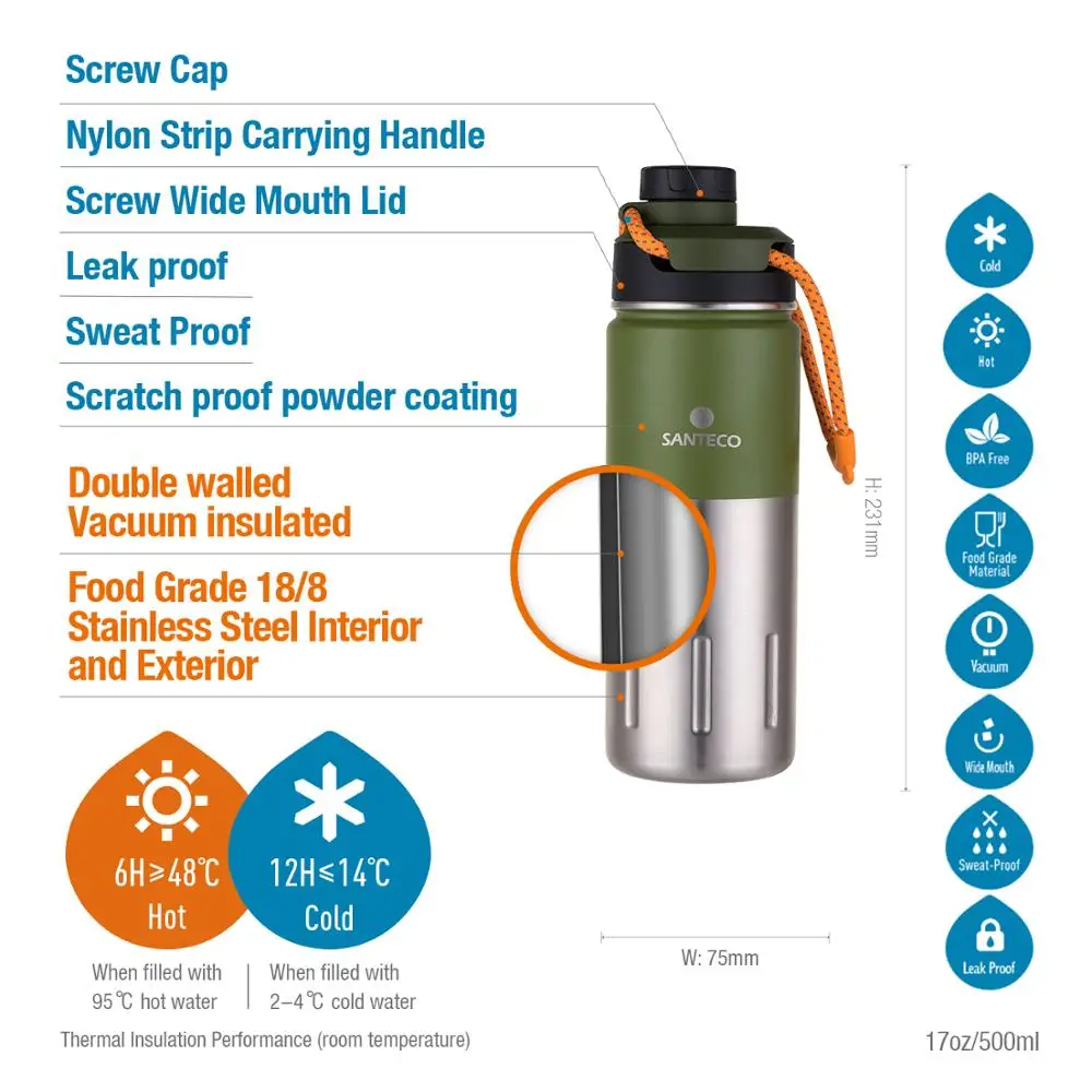 New Design Insulated Double Wall 17OZ Stainless Steel Drink Vacuum Sports Bottle