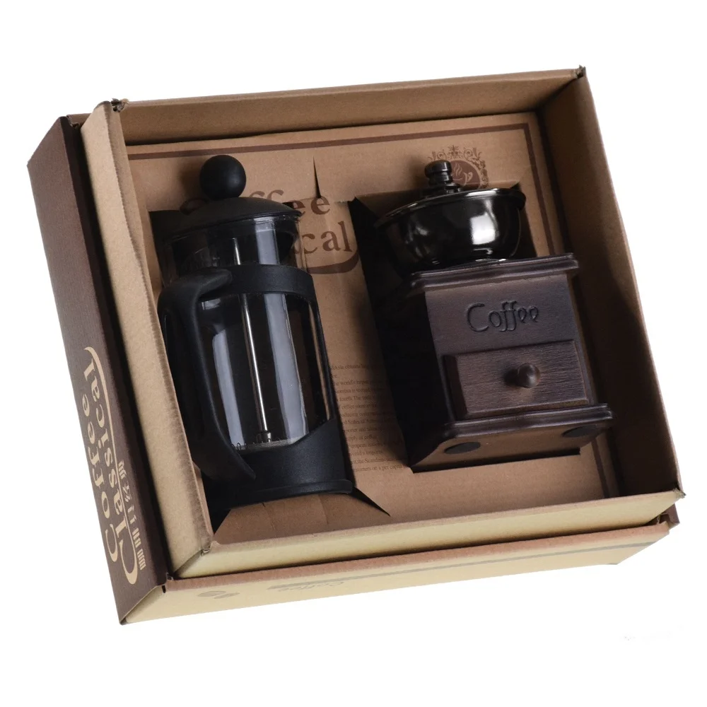 T1000 Kitchen Accessories Wholesale Amazon Coffee Accessories Gift Box Wood Coffee Grinder+ 350ml Glass French Press