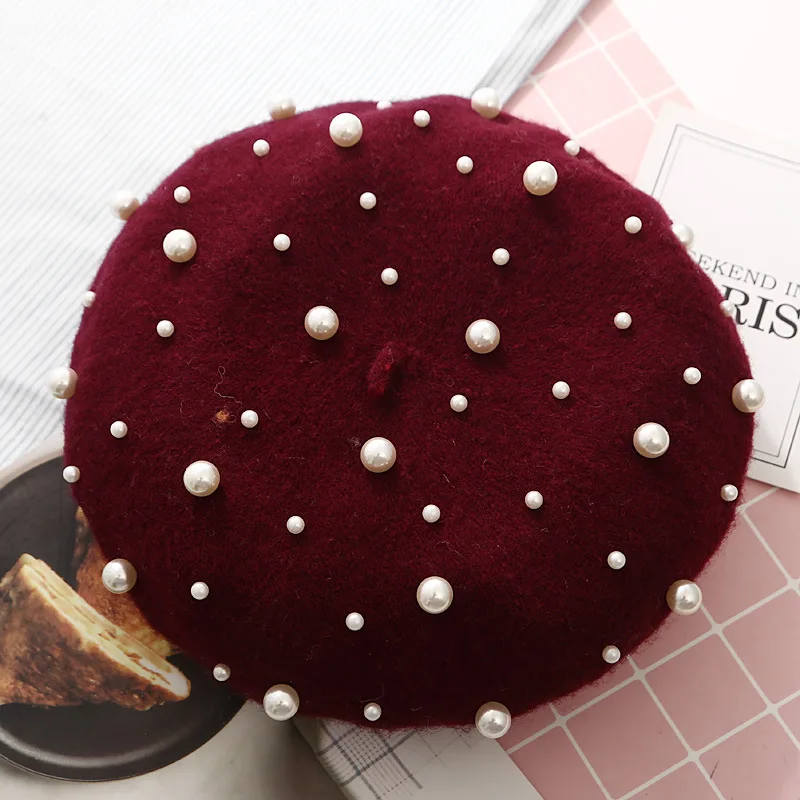 ladies winter wool felt beret cap with pearl