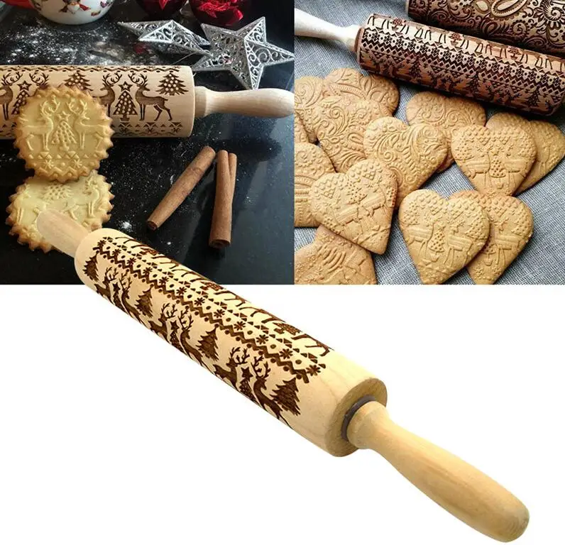 Рождество тиснение древесины Rolling Pin для выпечки Профессиональный тесто ролик