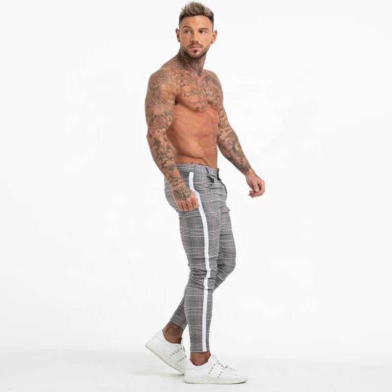 
2020 Super Comfy Stretchy White Side Stripe Check Pants Slim Fit Chinos Trousers Men 