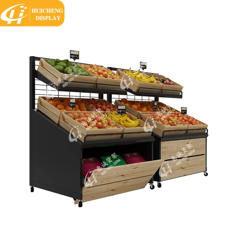 Customized Retail store wooden fruit vegetable display rack storage shelf with basket