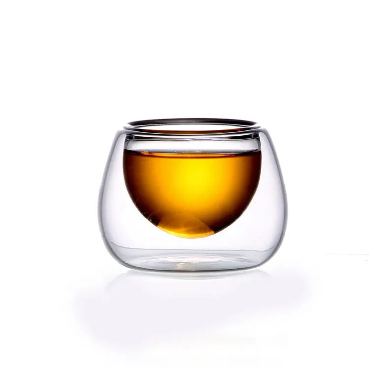 heat resistant double wall glass teacup, round small tea mug 50ml
