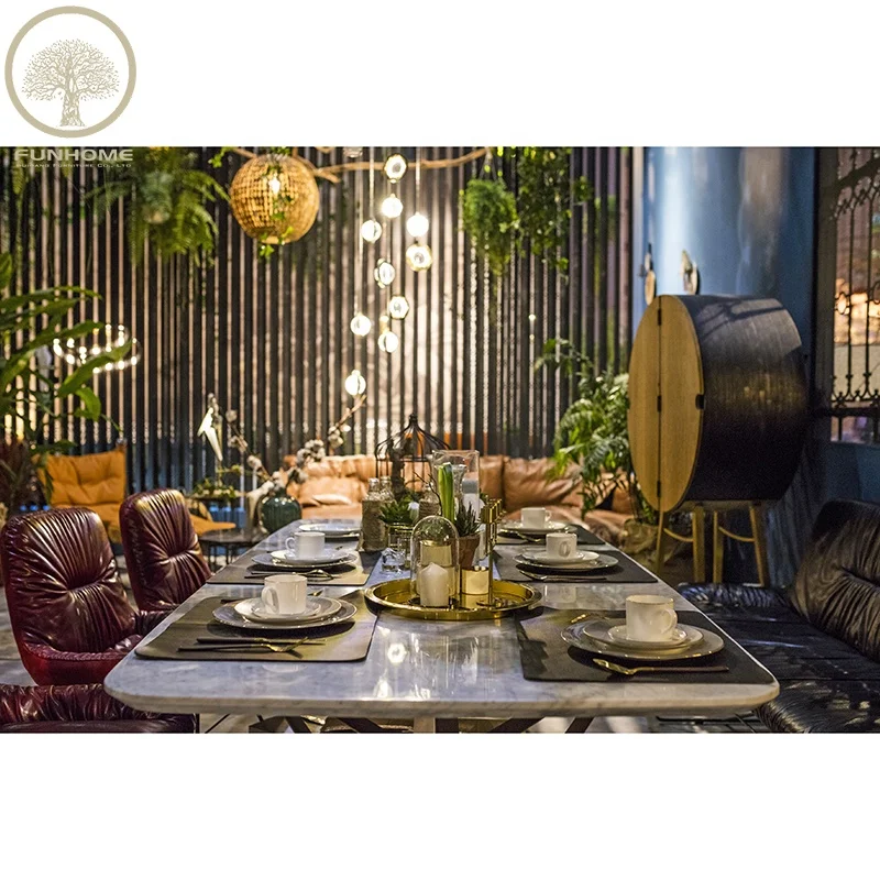 Luxury European Style White Marble Top Metal Frame Dining Table