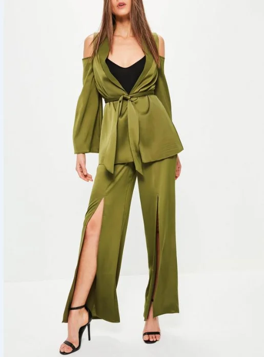 Women Clothing Shoulder Tie Waist Satin Blazer Green Tops And Pants Ladies Dresses Office