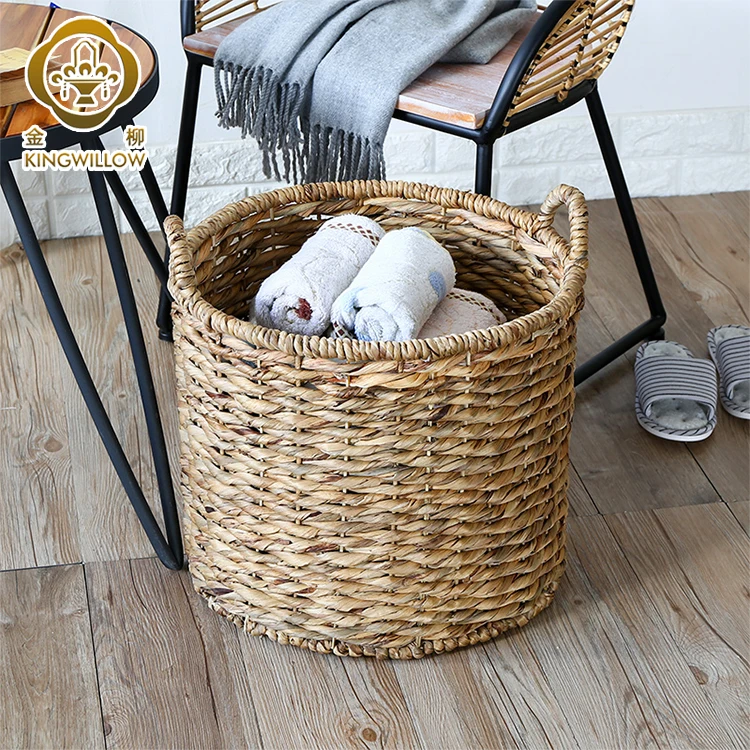 Handmade round water hyacinth grass laundry storage basket indoor planter basket with handle for home decor
